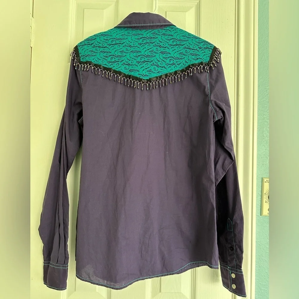 Cruel Snap Western Shirt Purple/Turquoise Shoulders, Stitch Long Sleeve Women L - Picture 6 of 8